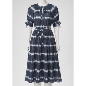Ulla Johnson Dress Small Blue Tie Dye Midi Boho Trapeze Swing Puff Sleeve Belted
